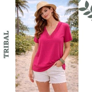 TRIBAL Bright Pink V-Neck Crochet Detail Tee — NWT — Multi Sizes